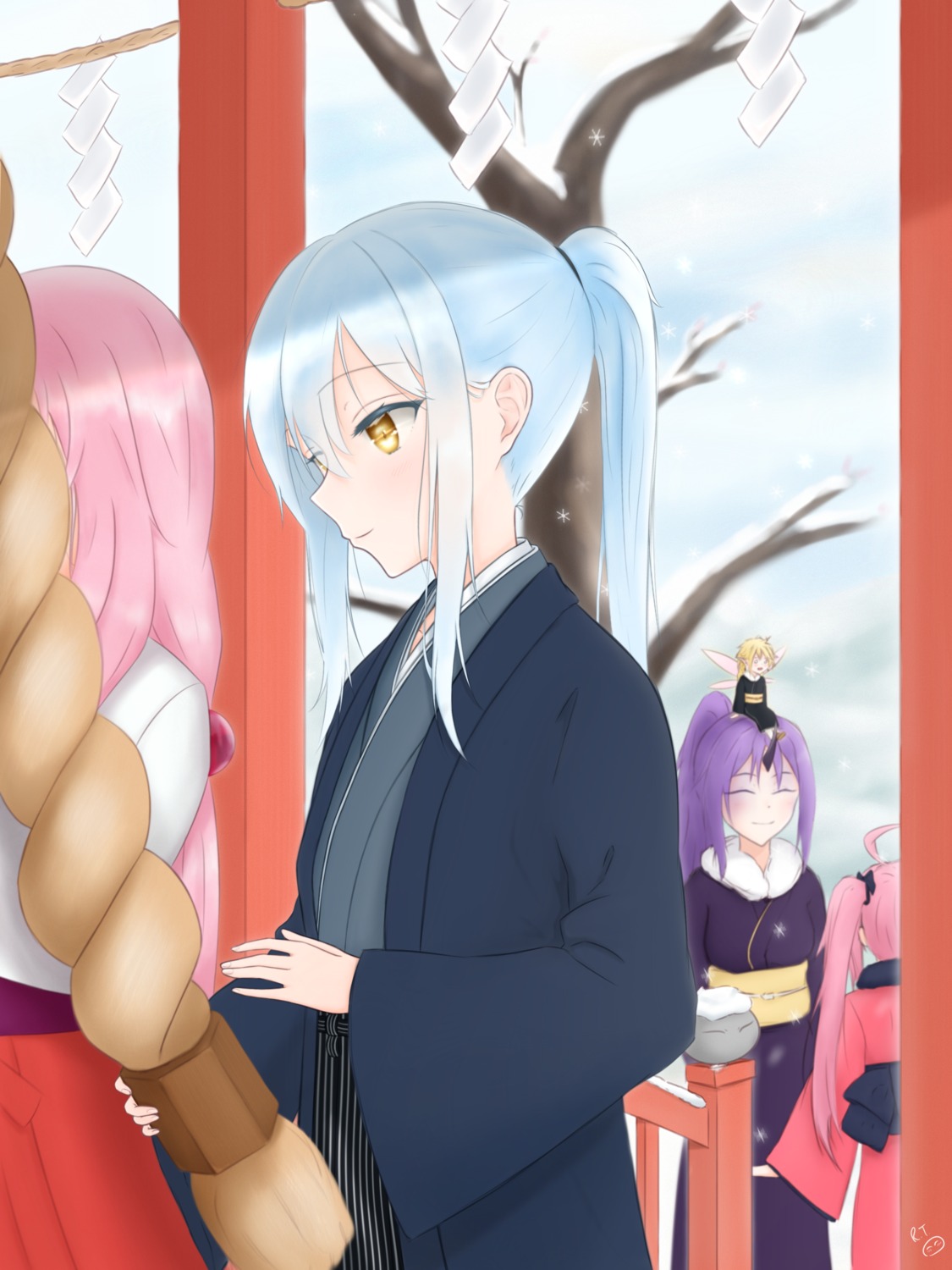 japanese_clothes kimono miko milim_nava pointy_ears r.t. ramiris rimuru_tempest shion_(tensei_shitara_slime_datta_ken) shuna_(tensei_shitara_slime_datta_ken) tensei_shitara_slime_datta_ken wings