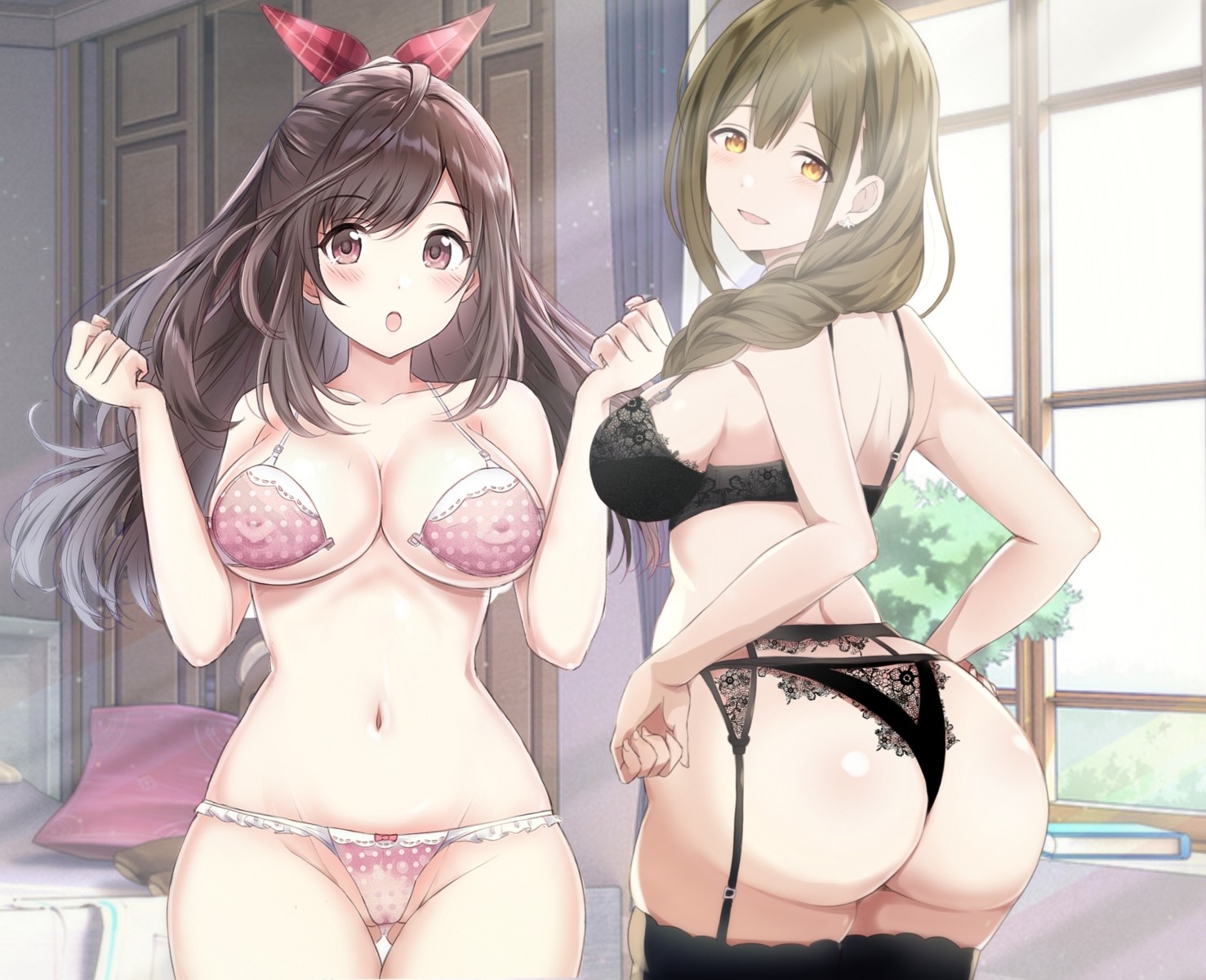 ass bra cameltoe erect_nipples gangshangguang_(smjy5842) garter_belt kuwayama_chiyuki lingerie pantsu stockings the_idolm@ster the_idolm@ster_shiny_colors thighhighs thong tsukioka_kogane