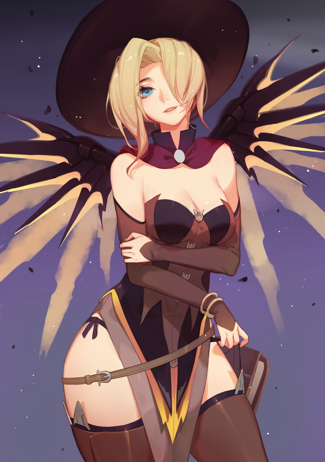 cleavage dress mercy_(overwatch) overwatch pantsu songjikyo string_panties thighhighs wings witch