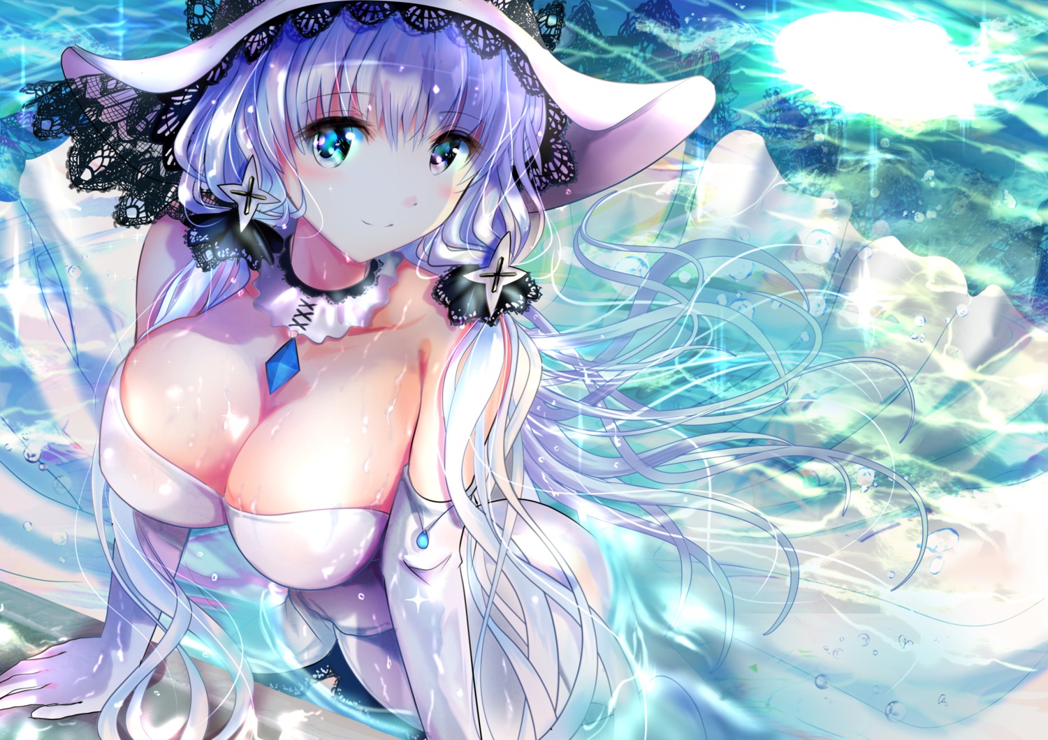 azur_lane cleavage dress illustrious_(azur_lane) ogata_tei wet wet_clothes