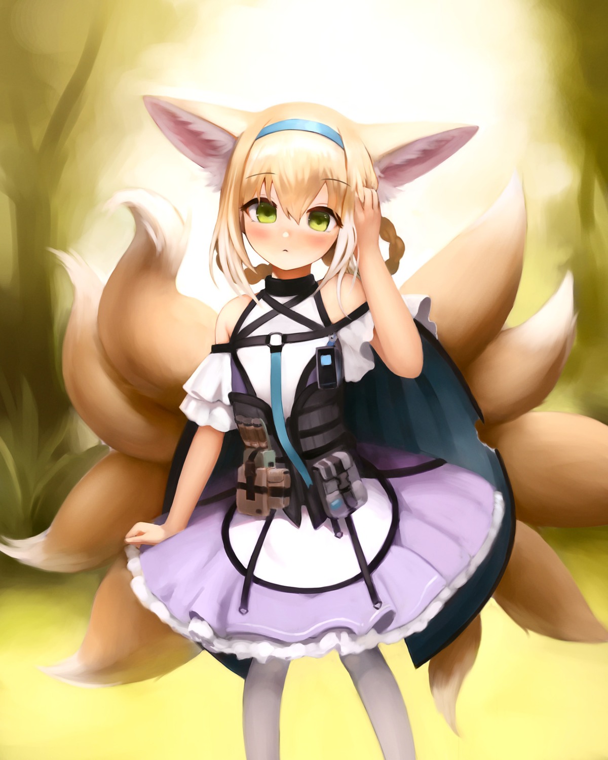 animal_ears arknights crumbles dress kitsune skirt_lift suzuran_(arknights) tail