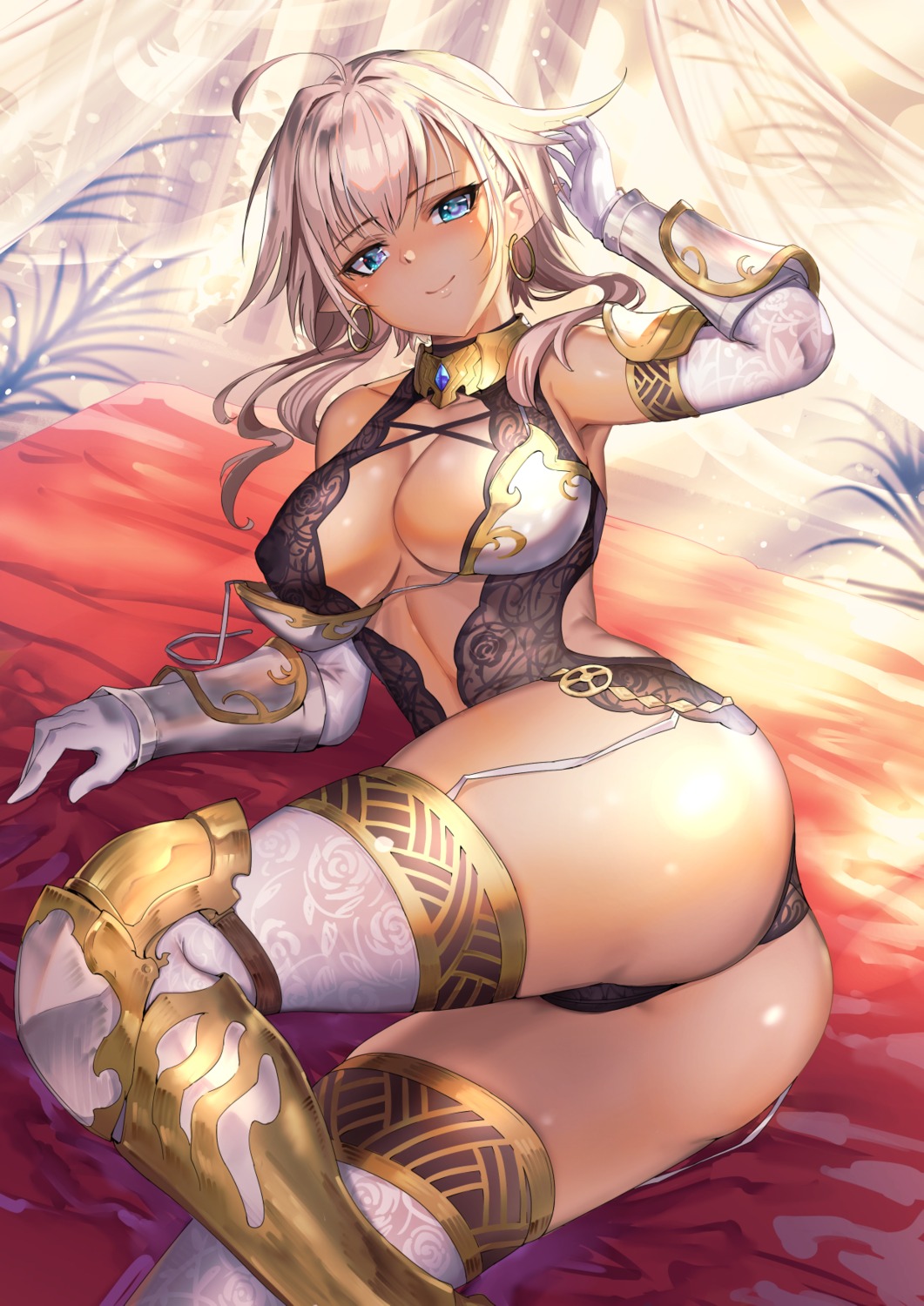 armor ass cleavage erect_nipples leotard lingerie matsumoto_mitsuaki no_bra pointy_ears see_through stockings thighhighs