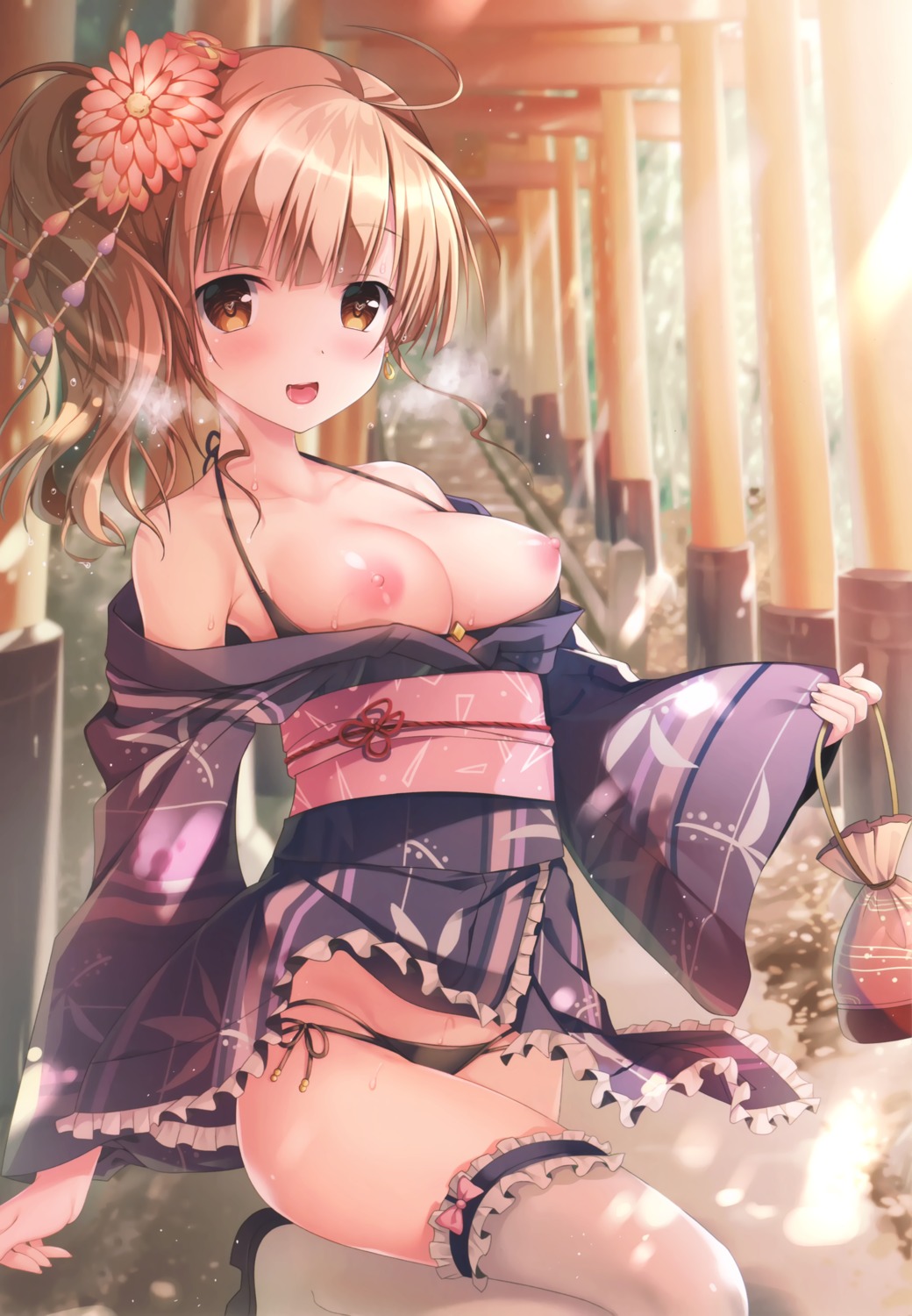 bra breasts nipples open_shirt pantsu skirt_lift string_panties thighhighs twinbox twinbox_(circle) twinbox_school wet yukata