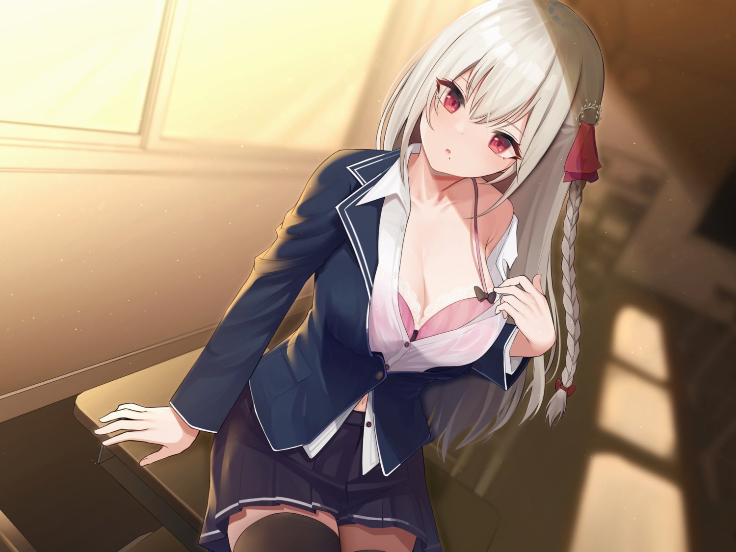 amrita_(amber78gou) bra cleavage open_shirt see_through seifuku thighhighs undressing