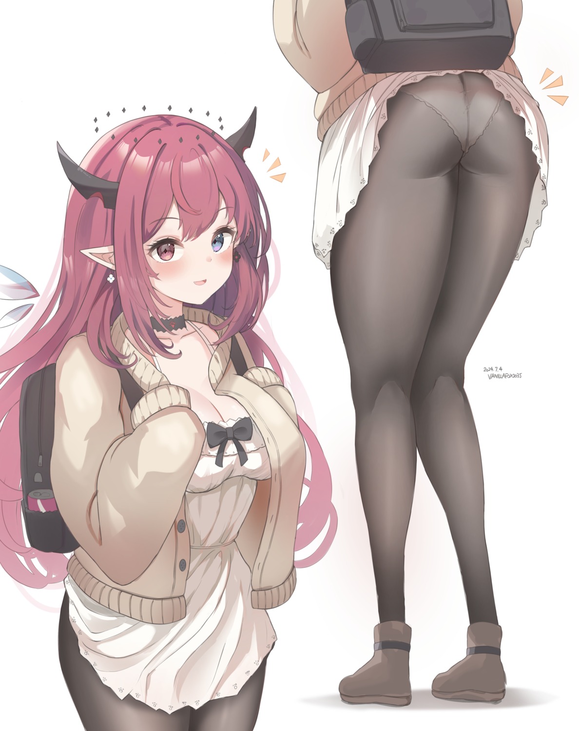 ass dress heterochromia hololive hololive_english horns irys_(hololive) pantsu pantyhose pointy_ears skirt_lift sweater vanillafox2035 wardrobe_malfunction wings