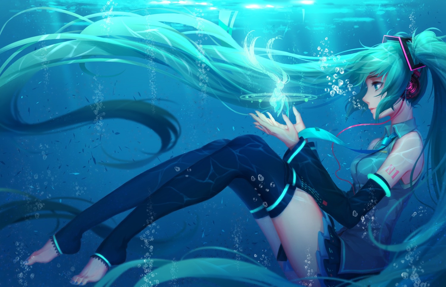 hatsune_miku headphones q9q tattoo thighhighs vocaloid