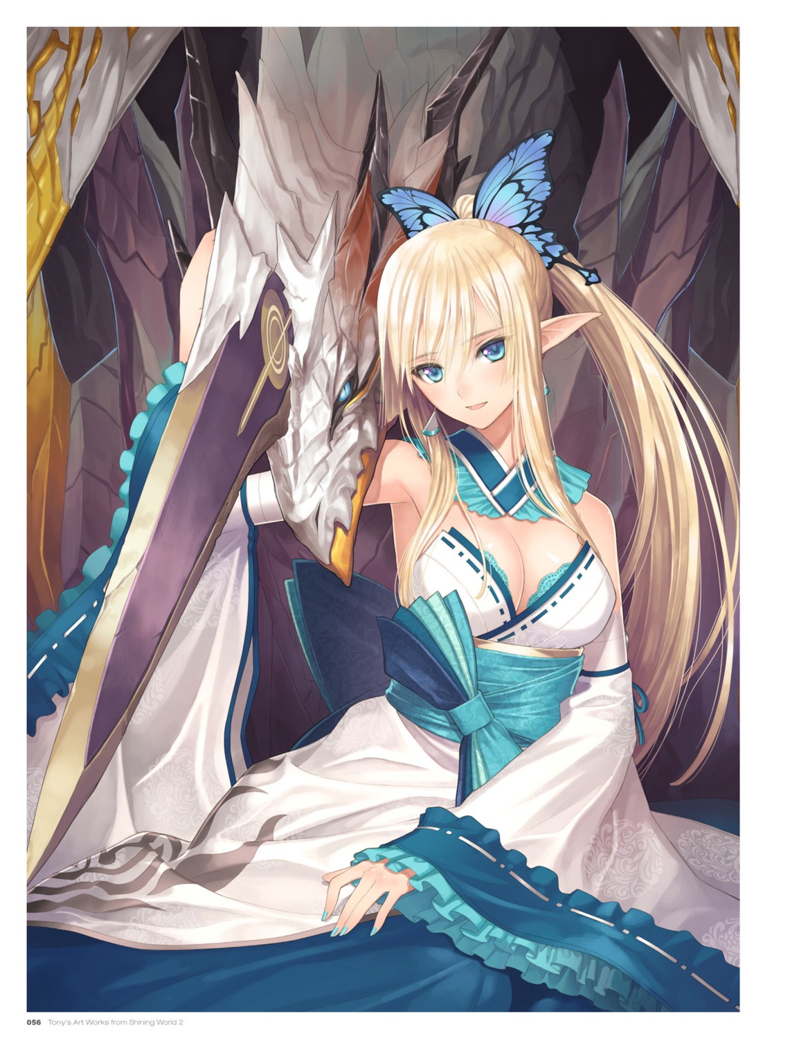 cleavage digital_version elf japanese_clothes kirika_towa_alma monster no_bra pointy_ears shining_resonance tony_taka