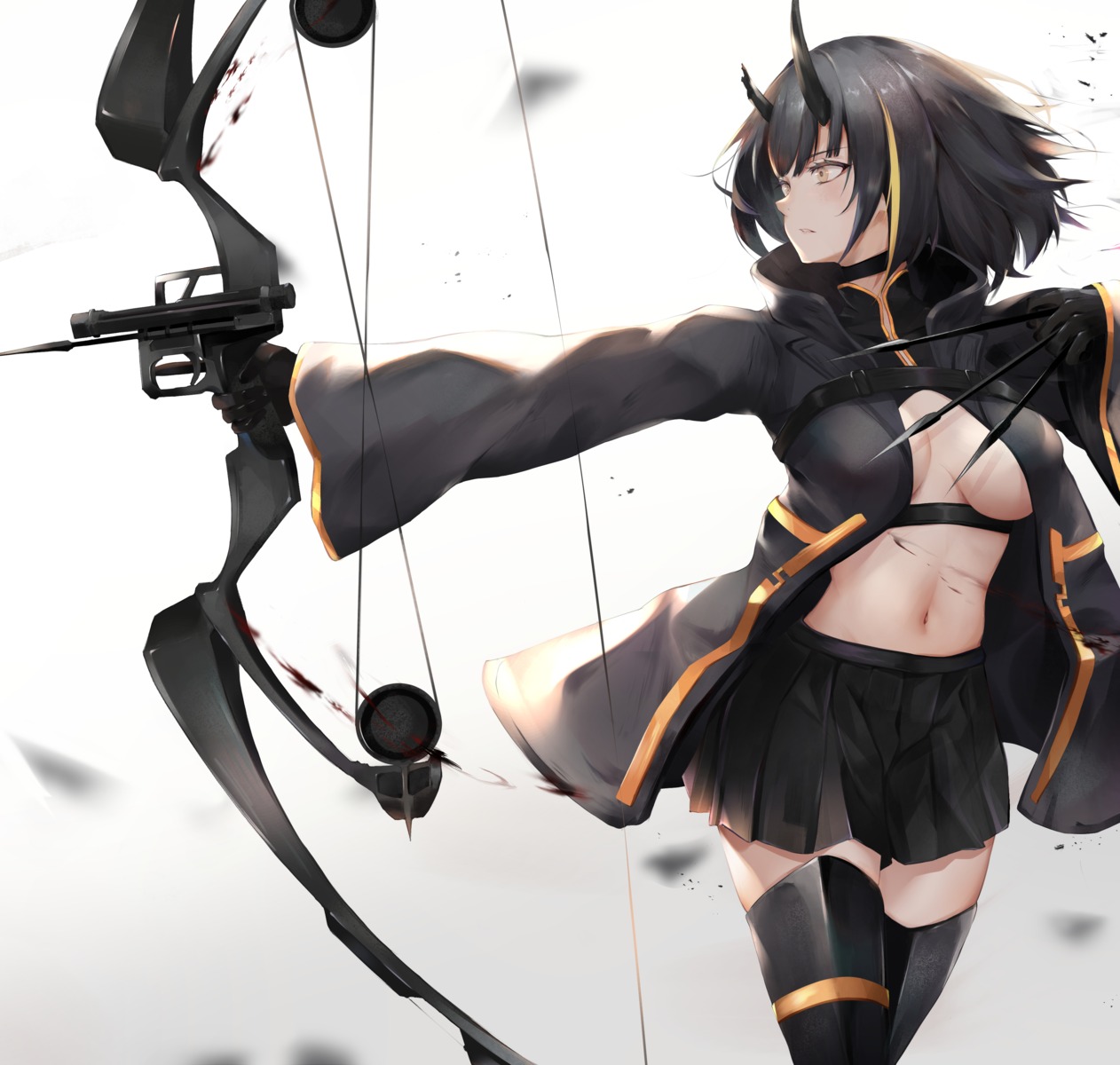 garter horns kisaki_oni no_bra open_shirt thighhighs weapon