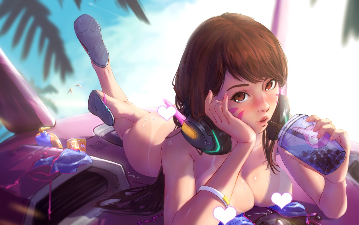 censored d.va headphones mitsu_(mitsu_art) naked overwatch tan_lines