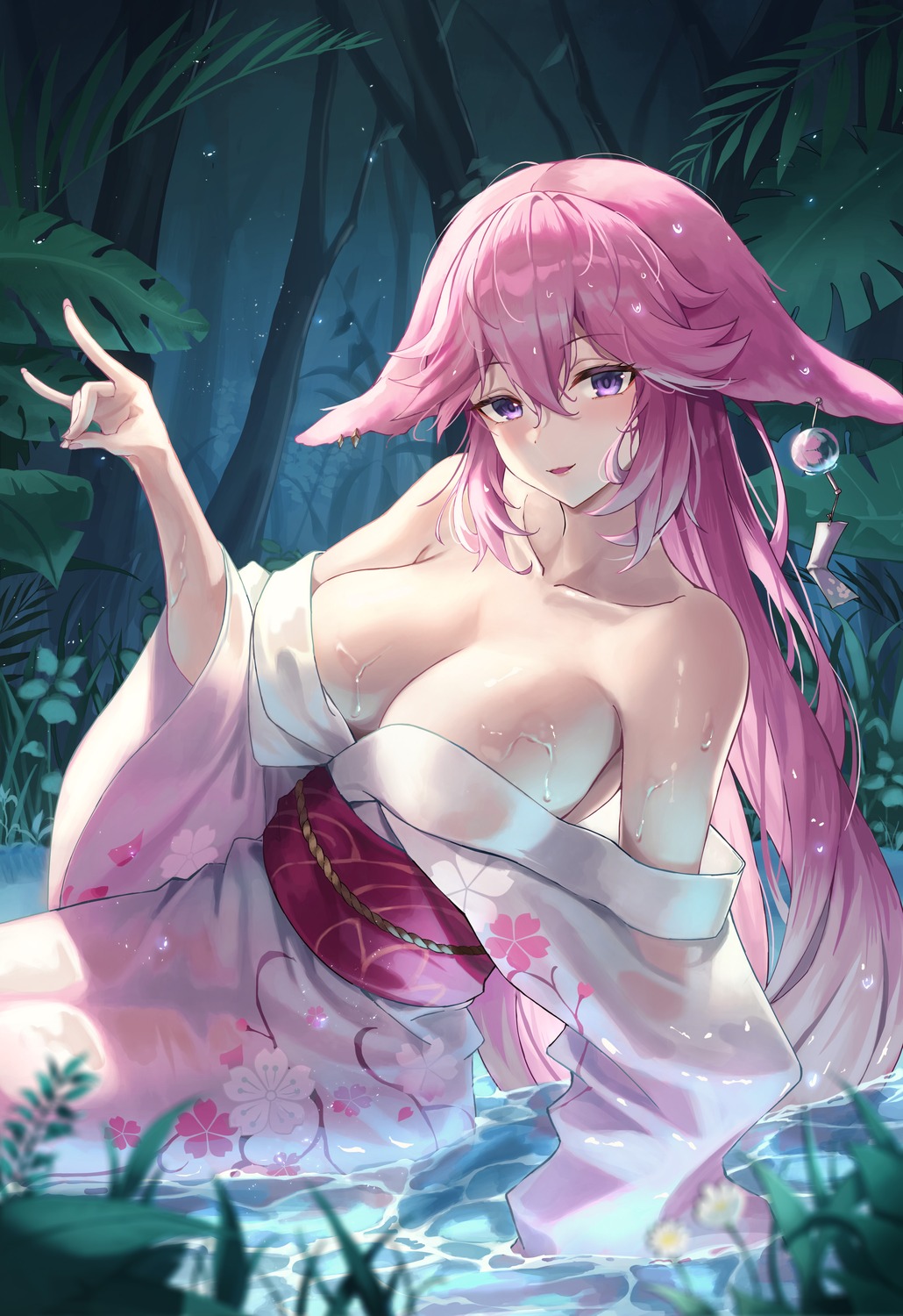 animal_ears genshin_impact kimono kitsune no_bra open_shirt see_through slime_nyang wet wet_clothes yae_miko