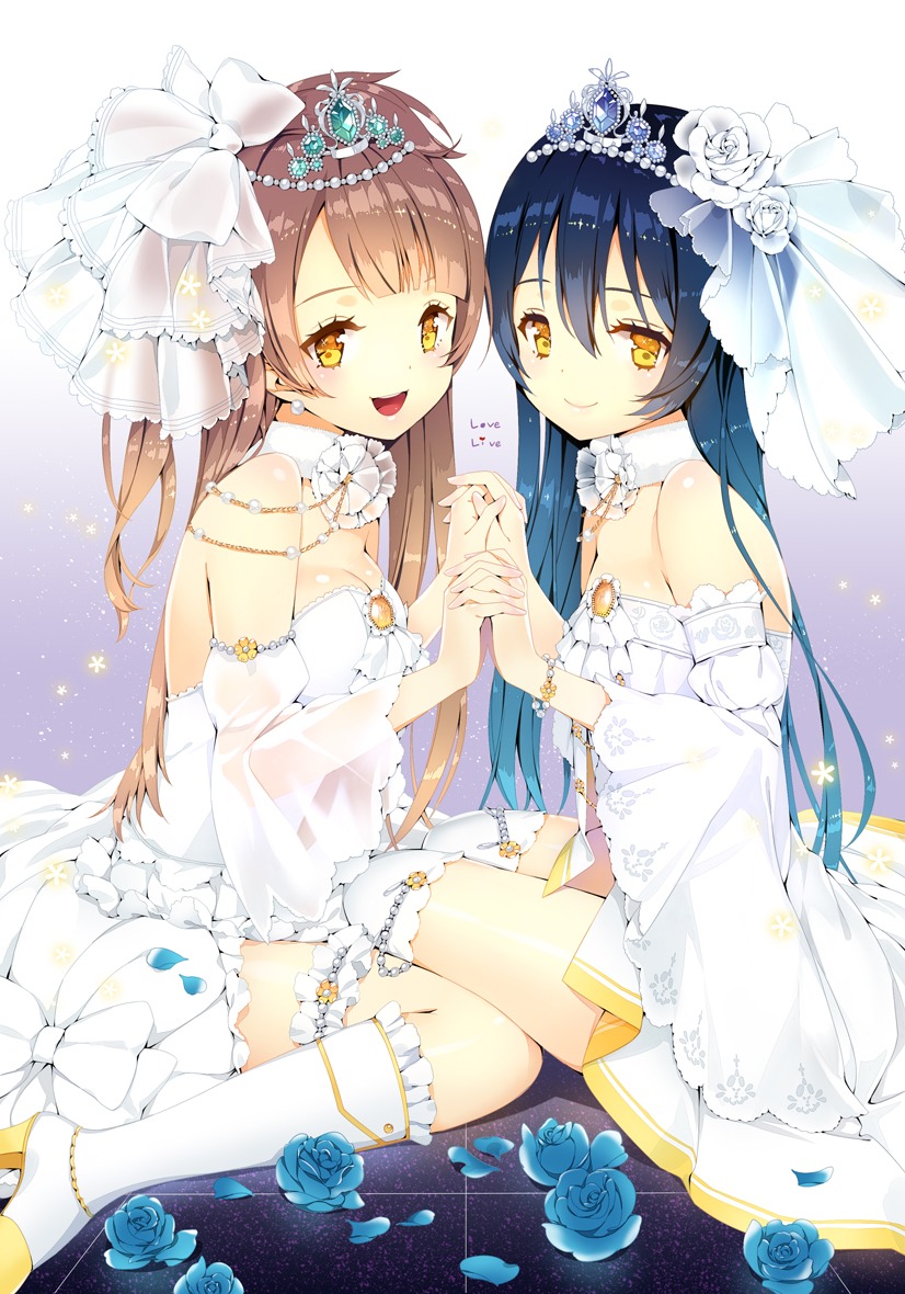 dress garter heels love_live! minami_kotori rozer see_through sonoda_umi thighhighs wedding_dress