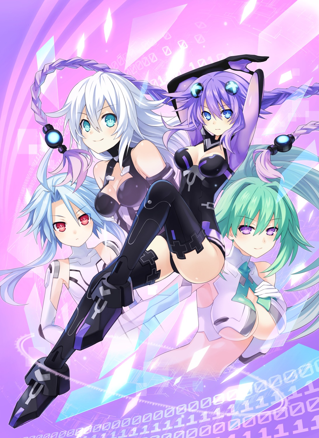 black_heart bodysuit breast_hold choujigen_game_neptune cleavage compile_heart green_heart no_bra purple_heart thighhighs tsunako underboob white_heart