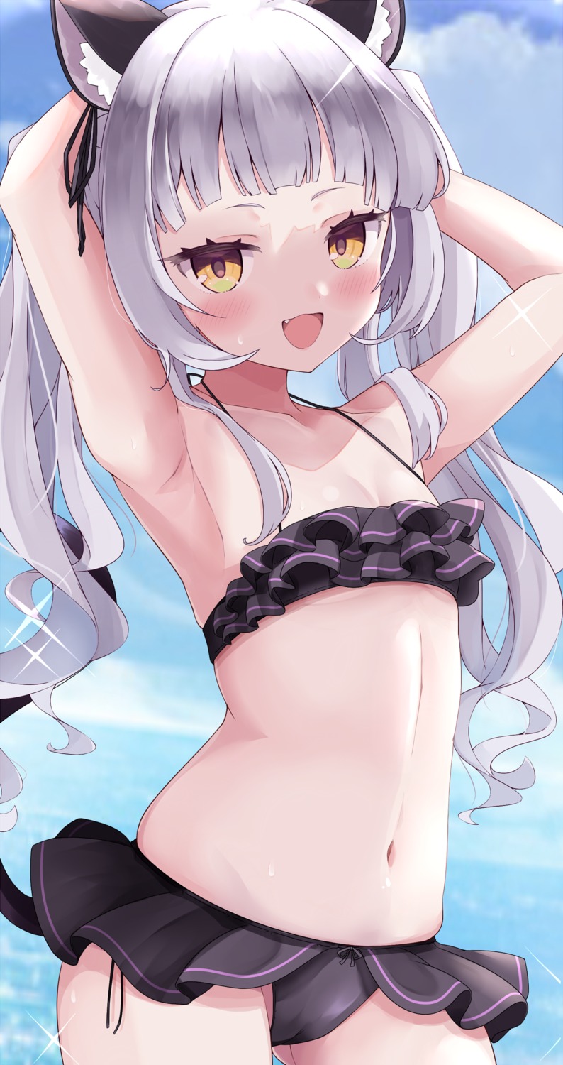 animal_ears bikini cameltoe cocozasa hololive loli murasaki_shion nekomimi skirt_lift swimsuits tail