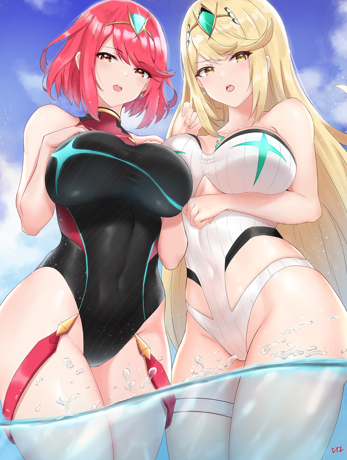 cyicheng garter hikari_(xenoblade_2) homura_(xenoblade_2) swimsuits wet xenoblade xenoblade_chronicles_2