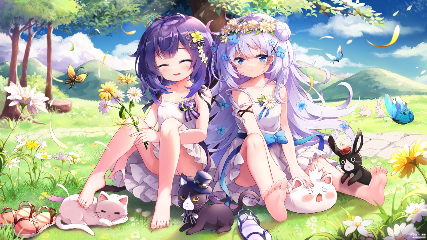 anko_(gochuumon_wa_usagi_desuka?) cleavage dress feet fuiba_fuyu gochuumon_wa_usagi_desu_ka? hehehzb kafuu_chino loli neko pantsu skirt_lift summer_dress tippy_(gochuumon_wa_usagi_desu_ka?) wallpaper