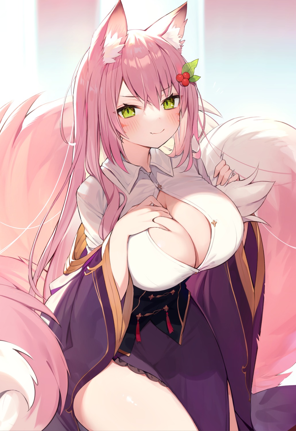 animal_ears kitsune muryo no_bra open_shirt tail