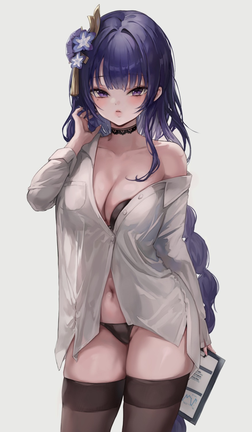 bra dress_shirt genshin_impact open_shirt pantsu r0_0ong raiden_shogun see_through thighhighs thong