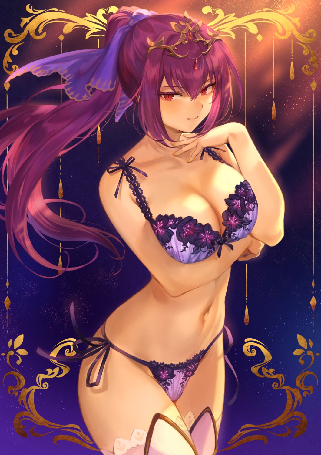 bra breast_hold cleavage fate/grand_order mashu_(003) pantsu scathach_skadi string_panties thighhighs