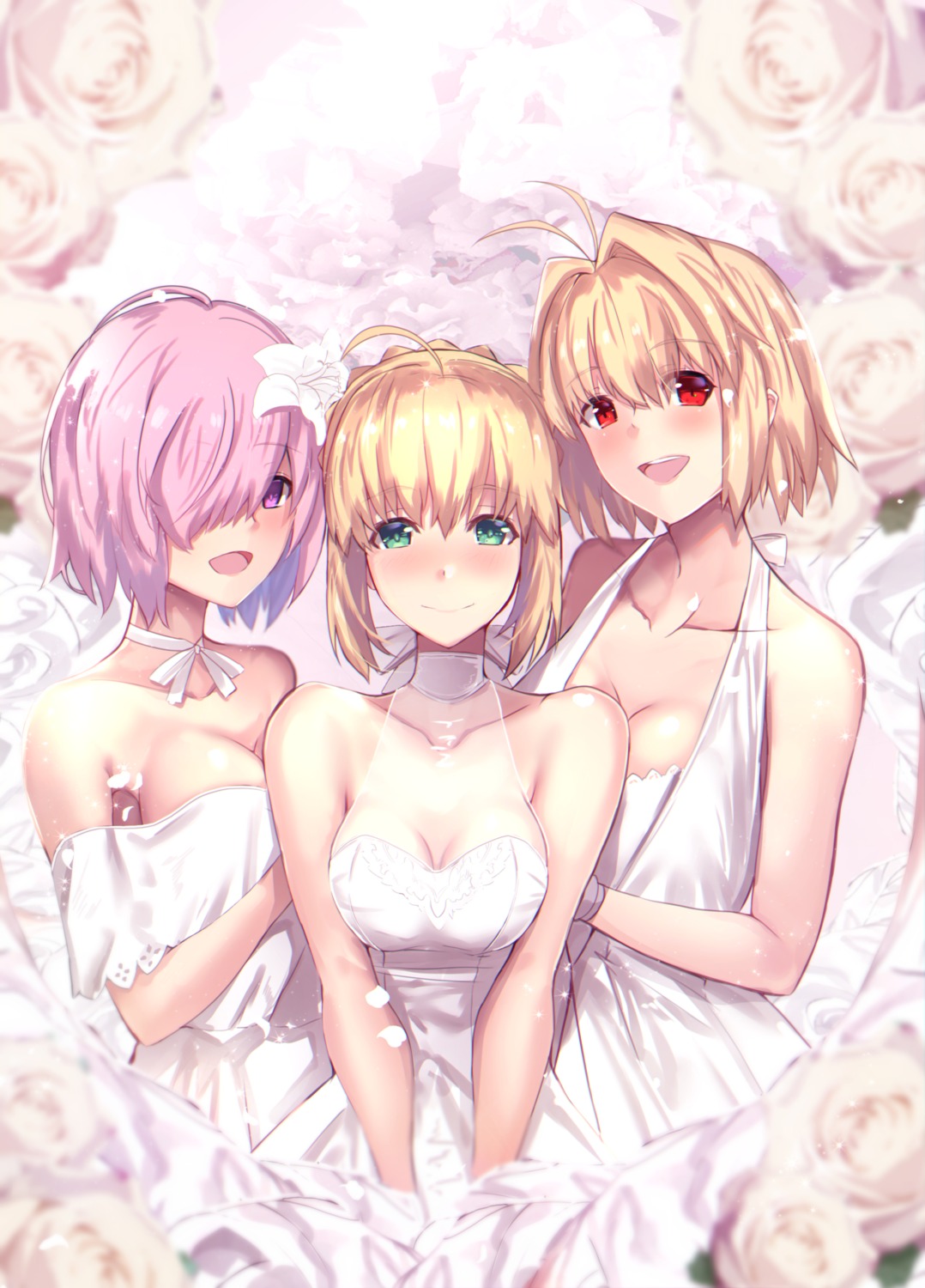 arcueid_brunestud cleavage dress fate/grand_order mash_kyrielight no_bra saber see_through tsukihime untsue wedding_dress