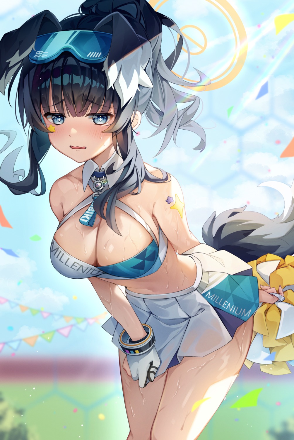 animal_ears blue_archive cheerleader halo inumimi nekozuka_hibiki no_bra pruding tail tattoo wet