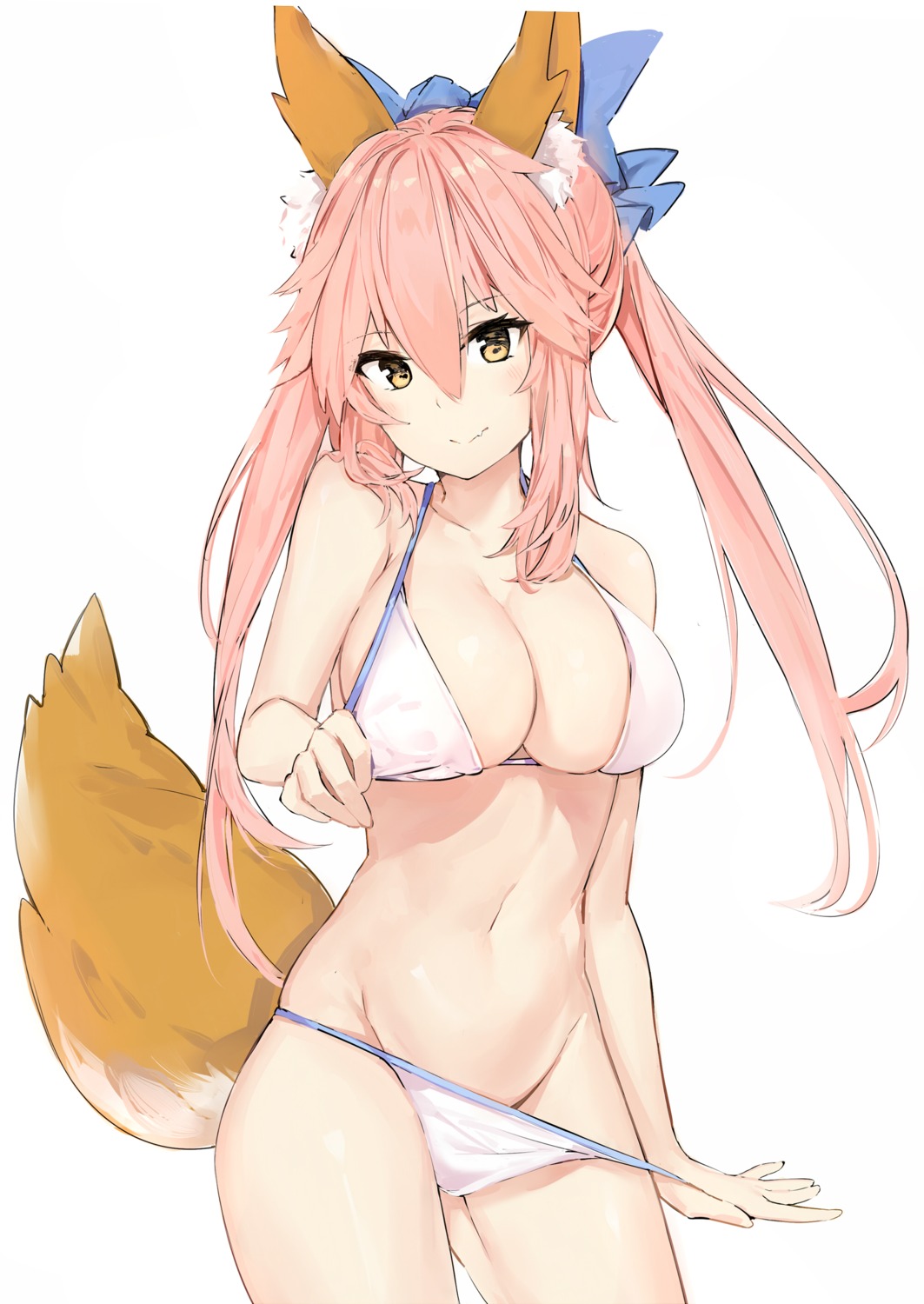 animal_ears bikini fate/extra fate/grand_order fate/stay_night panty_pull silver_(chenwen) swimsuits tail tamamo_no_mae undressing