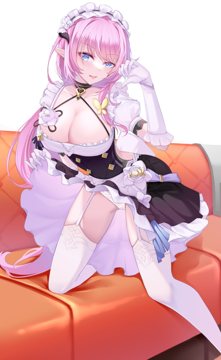 benghuai_xueyuan elysia_(honkai_impact) honkai_impact maid pantsu pointy_ears skirt_lift sorayo_noriyuki stockings thighhighs