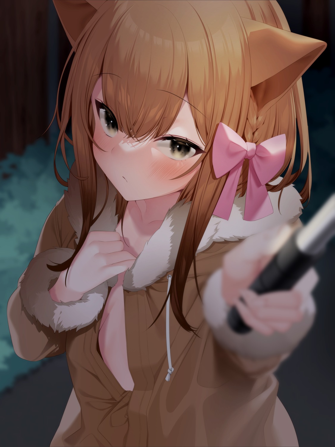 animal_ears haiba nekomimi nekosoma_rion no_bra open_shirt selfie