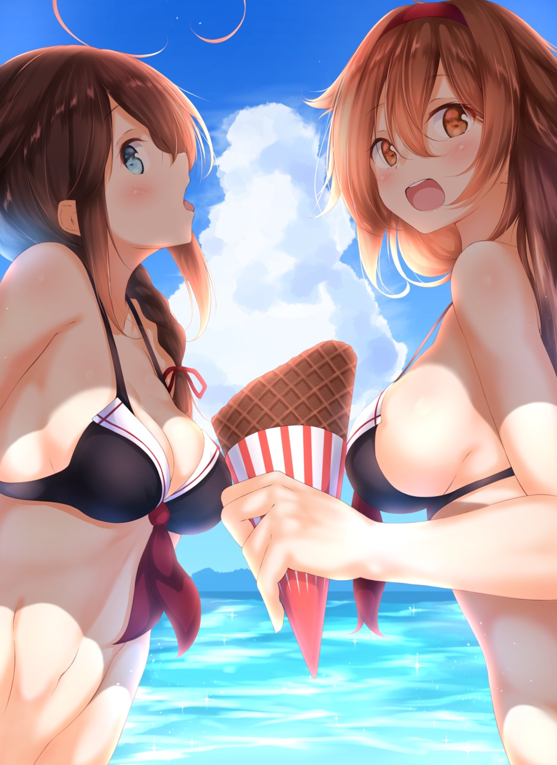 bikini_top cleavage kantai_collection numpopo shigure_(kancolle) shiratsuyu_(kancolle) swimsuits