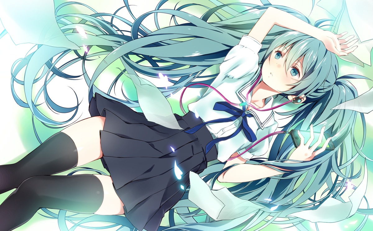 hatsune_miku headphones seifuku thighhighs vocaloid wogura