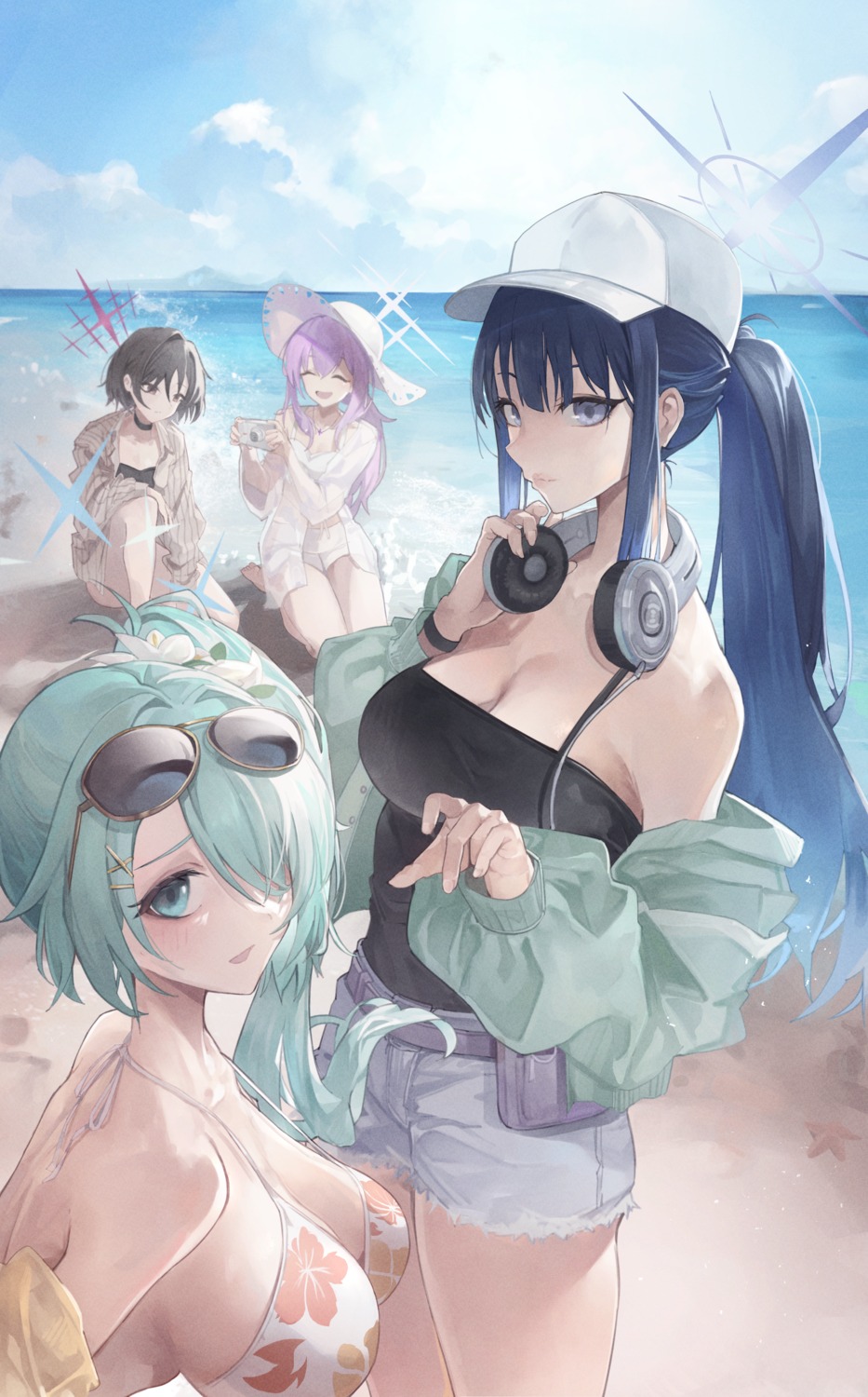 bikini bikini_top blue_archive hakari_atsuko halo headphones imashino_misaki joumae_saori megane megu_(pixiv9460065) open_shirt see_through swimsuits tsuchinaga_hiyori