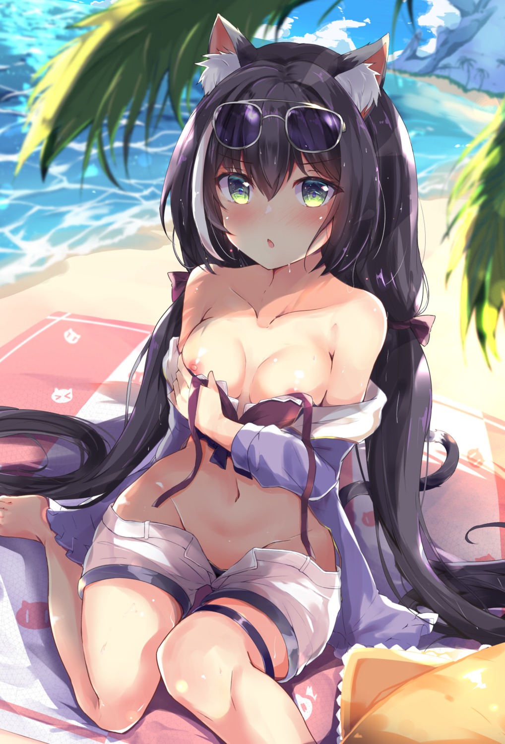 animal_ears bikini breast_hold garter hinata_yuu_(artist) karyl_(princess_connect) megane nipples open_shirt princess_connect princess_connect!_re:dive swimsuits tail wardrobe_malfunction