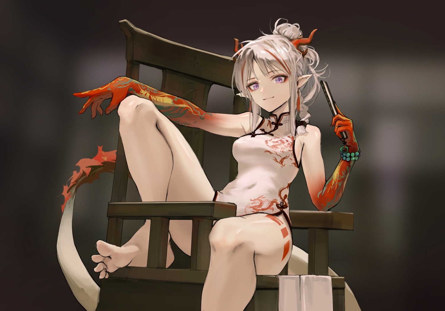 arknights chinadress feet horns mone_(user_aege8533) nian_(arknights) pointy_ears tail