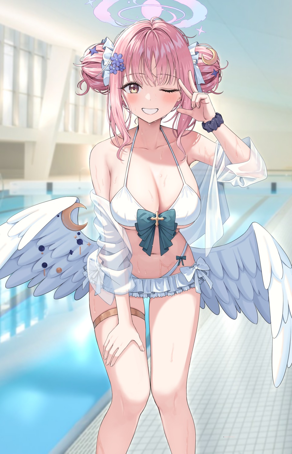 angel bikini blue_archive garter misono_mika ojyomu open_shirt see_through swimsuits wet wings