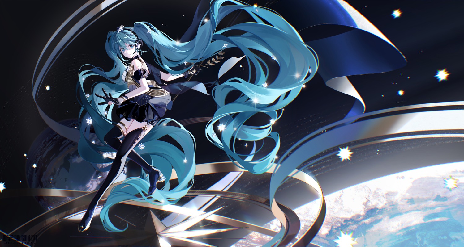 garter hatsune_miku headphones pipixiannugu tattoo thighhighs vocaloid