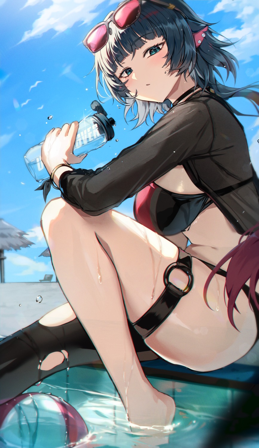 animal_ears bikini garter jane_doe luzzi_(milllim) megane open_shirt see_through swimsuits torn_clothes wet zenless_zone_zero