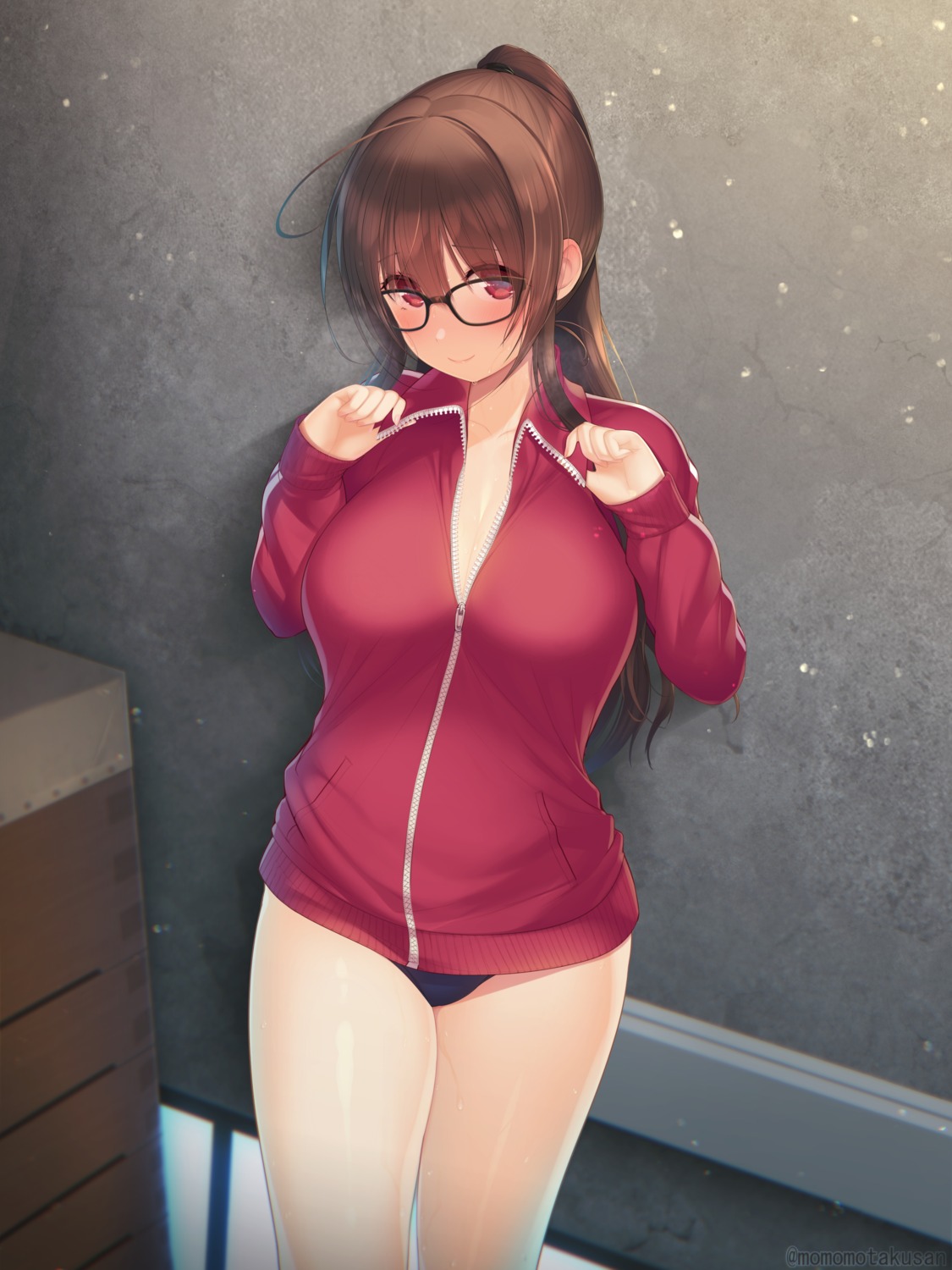 buruma cleavage gym_uniform kashiwamochi_yomogi megane open_shirt wet