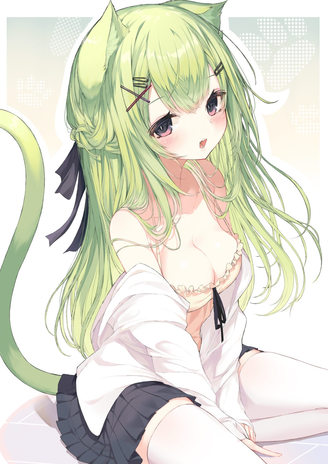 animal_ears lingerie nekomimi no_bra open_shirt seifuku tail thighhighs yuui_hutabakirage