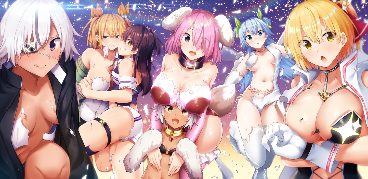 animal_ears breasts chacha_(dokyuu_hentai_hxeros) dokyuu_hentai_hxeros eyepatch garter hoshino_kirara momozono_momoka murasame_shiko no_bra nopan open_shirt ryouma_(galley) shirayuki_maihime sweater tail tattoo tenkuji_sora thighhighs wakakusa_moena