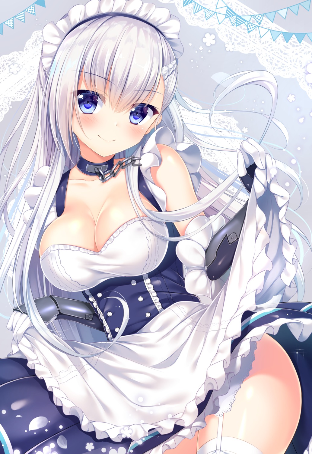 armor azur_lane belfast_(azur_lane) cleavage maid skirt_lift stockings thighhighs tomoo