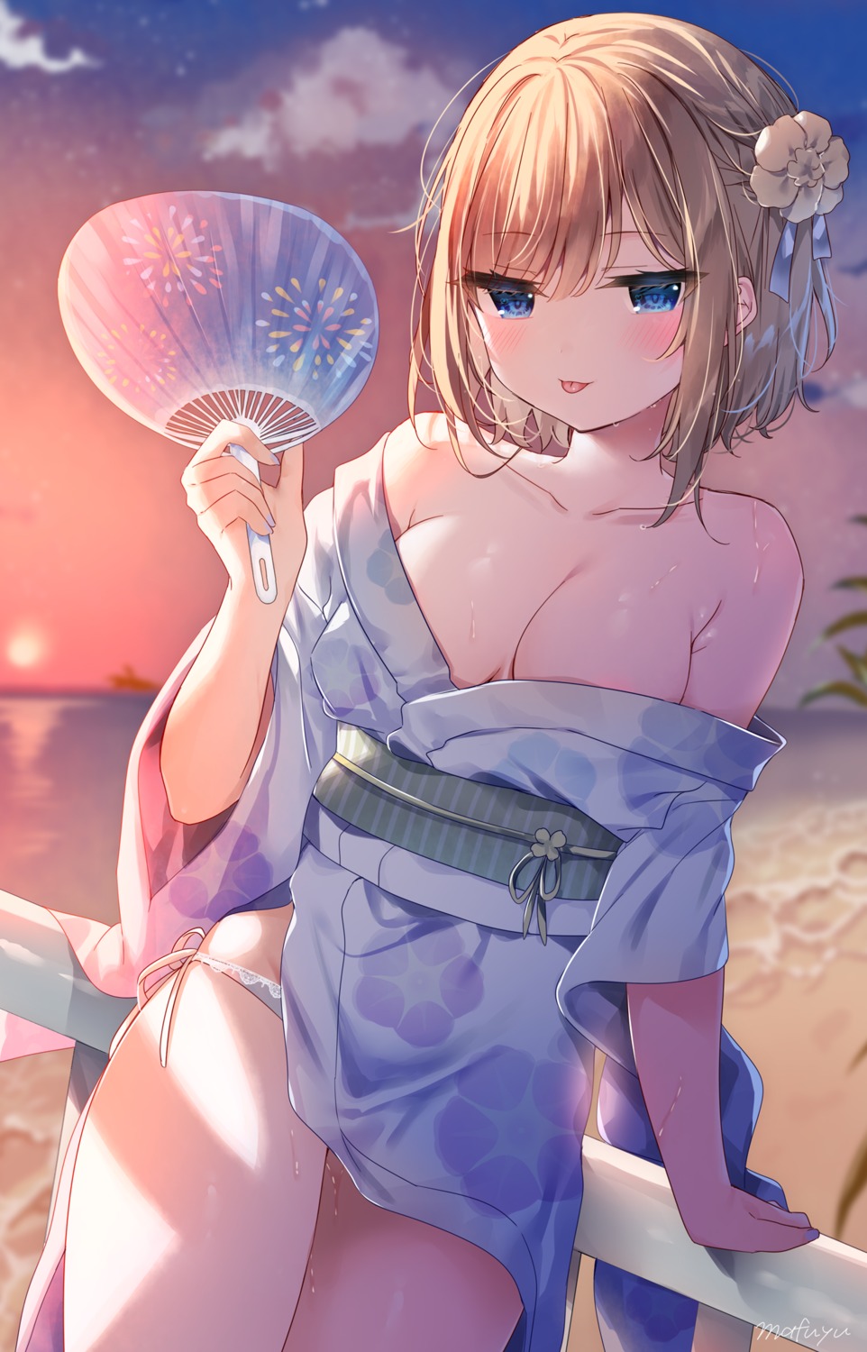 mafuyu_(chibi21) no_bra open_shirt pantsu skirt_lift string_panties yukata