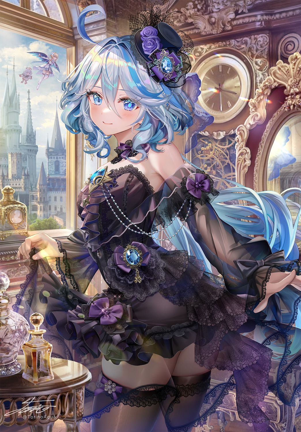 dress furina genshin_impact gothic_lolita heterochromia lolita_fashion lumine paimon see_through thighhighs torino_akua wings