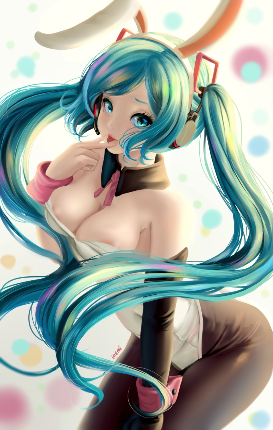 animal_ears areola bunny_ears bunny_girl dkoro hatsune_miku headphones no_bra pantyhose tail vocaloid wardrobe_malfunction