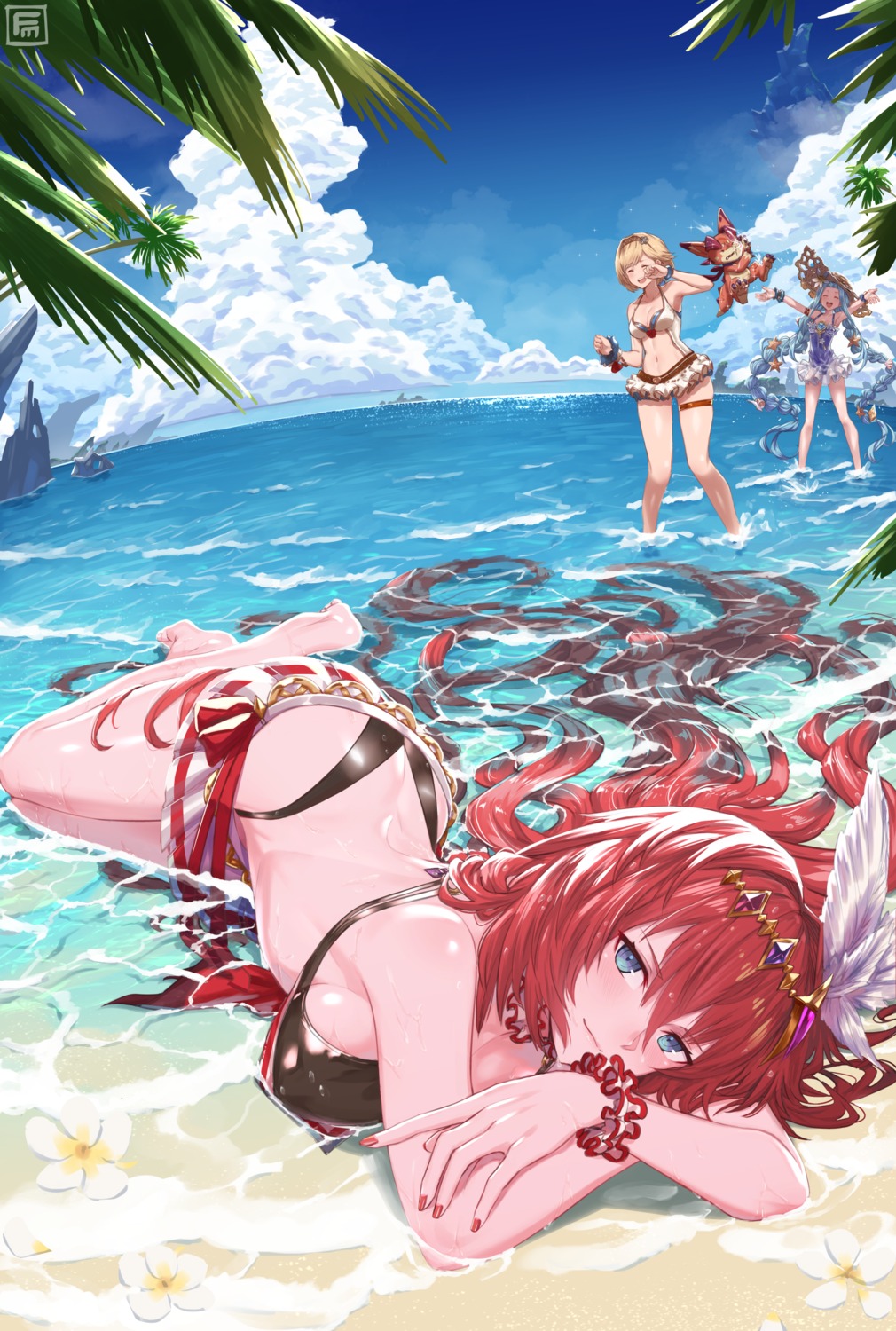 bikini cleavage djeeta_(granblue_fantasy) fumafu garter godguard_brodia granblue_fantasy lyria_(granblue_fantasy) swimsuits wet