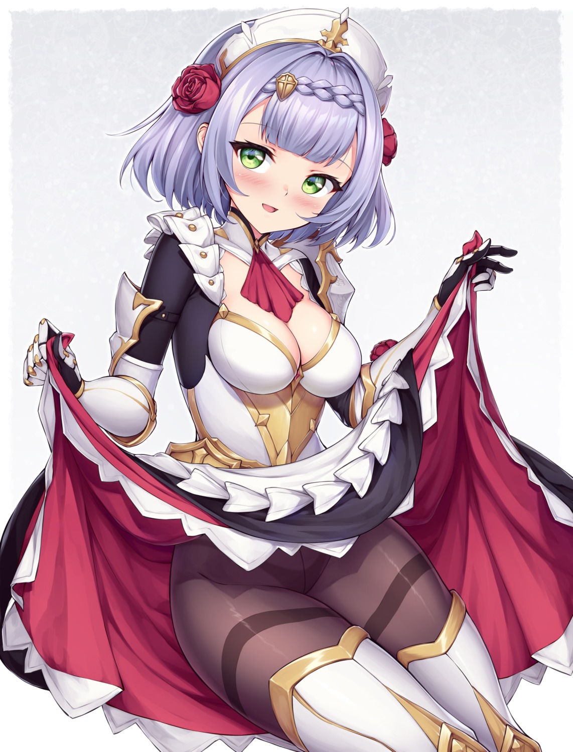 armor cleavage genshin_impact ivenglynn maid noelle_(genshin_impact) pantsu pantyhose skirt_lift thighhighs