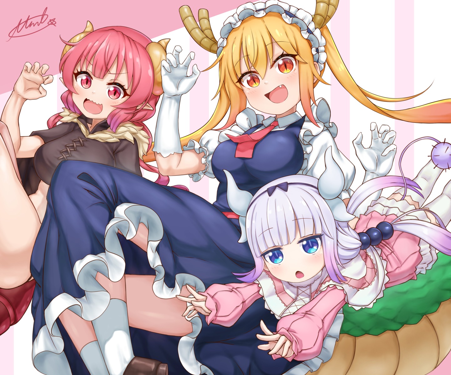 horns ilulu kanna_kamui kobayashi-san_chi_no_maid_dragon maid miko_no_kamiko monster_girl pointy_ears tail thighhighs tooru_(kobayashi-san_chi_no_maid_dragon)