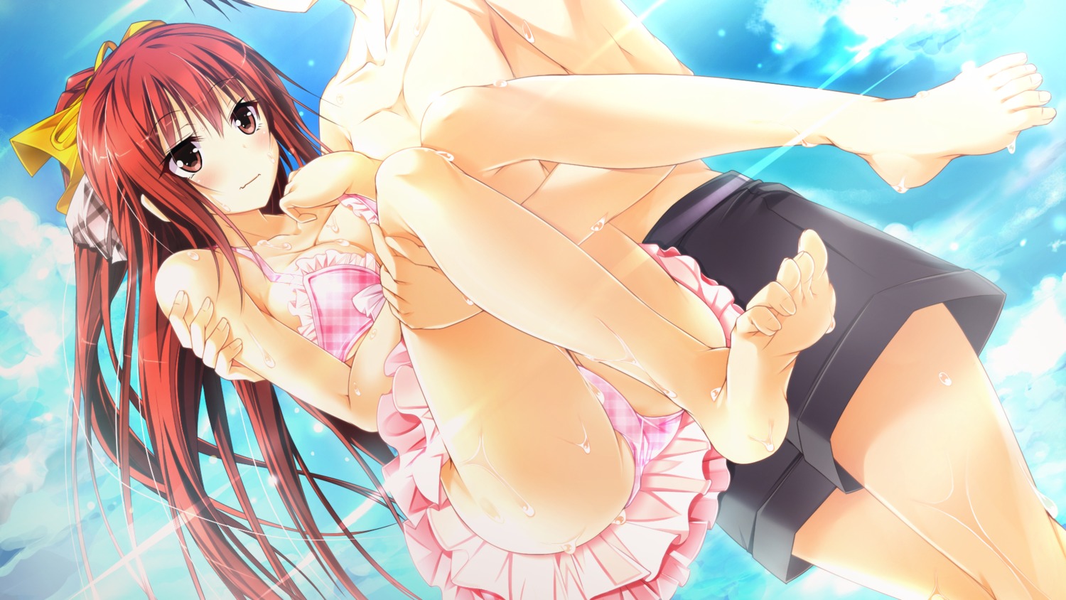 bikini ecchi_de_hentai!_yakimochi_ojou-sama!! ensemble_sweet feet game_cg satofuji_masato shiratori_mayu skirt_lift swimsuits