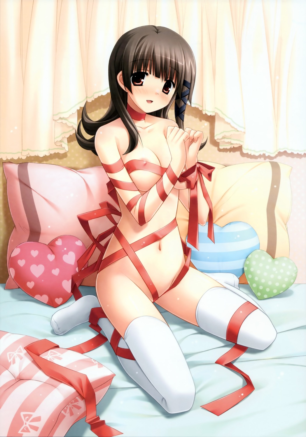 areola cleavage erect_nipples hulotte ikegami_akane makiya_kasumi naked_ribbon thighhighs with_ribbon