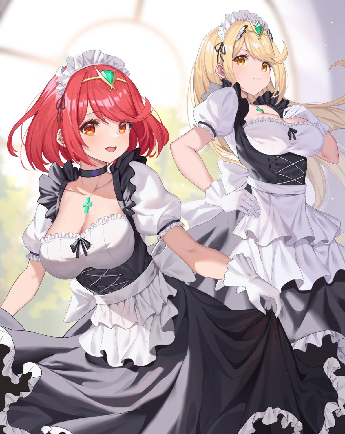 cleavage hikari_(xenoblade_2) homura_(xenoblade_2) maid roi_(liu_tian) skirt_lift xenoblade xenoblade_chronicles_2