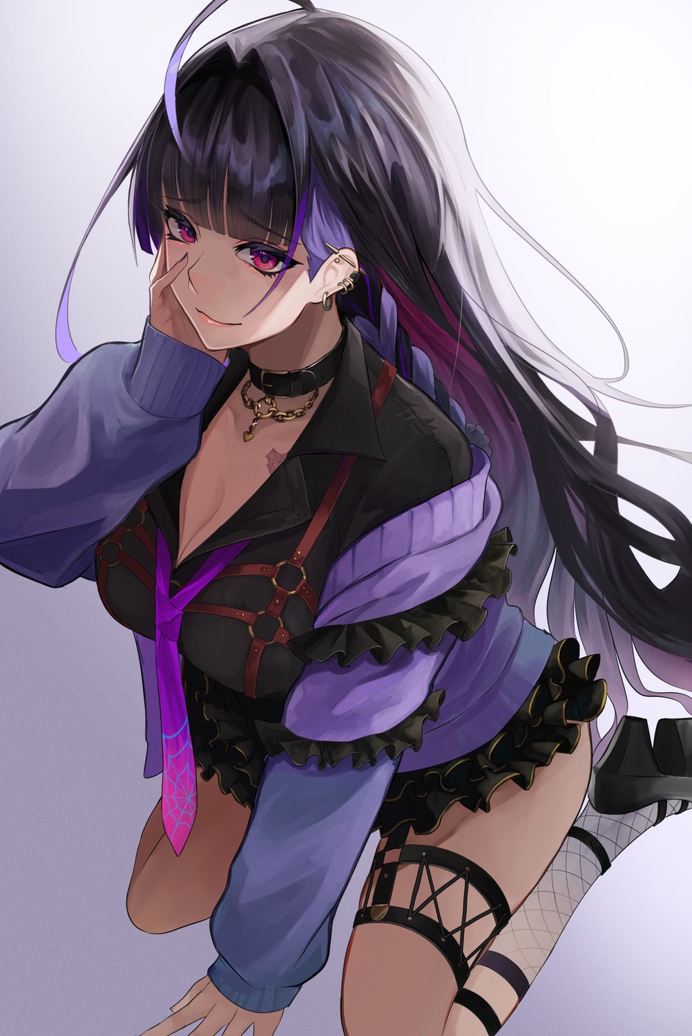 cleavage fishnets garter heels meloco_kyoran nekotokage nijisanji nijisanji_en seifuku tattoo