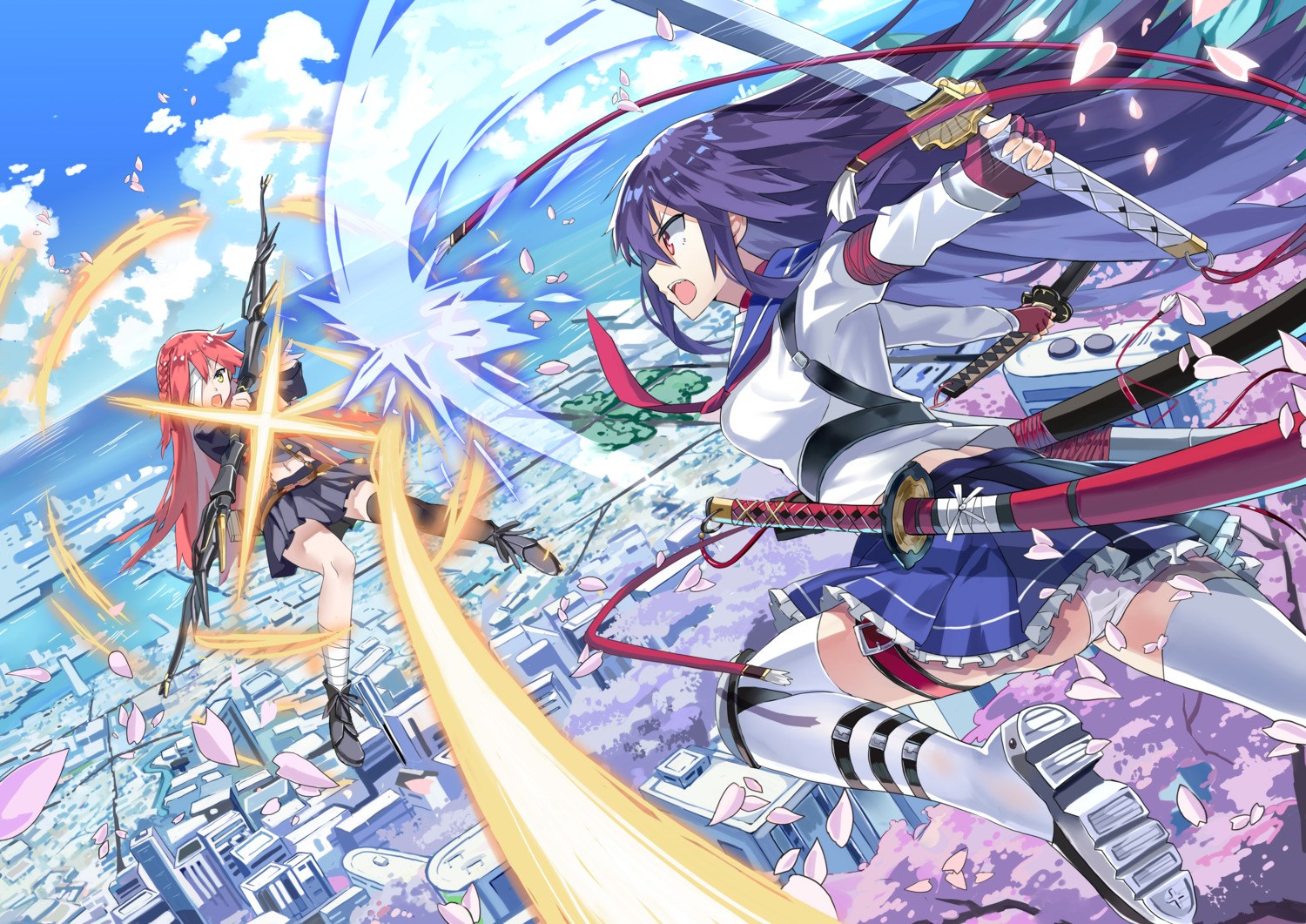 bandages garter heels pantsu qihai_lunpo seifuku skirt_lift sword thighhighs weapon